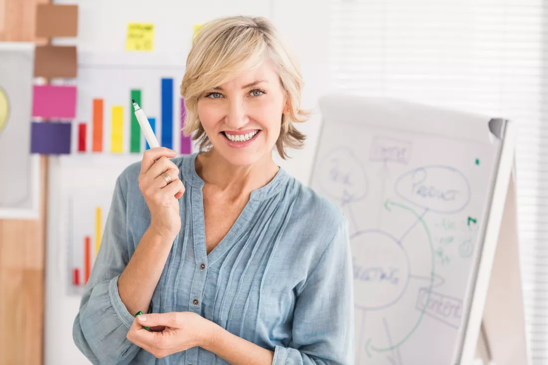 happy-businesswoman-holding-marker