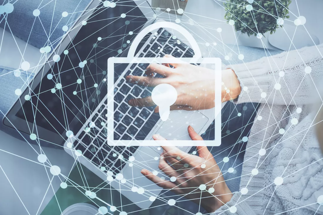 double-exposure-woman-hands-working-computer-lock-hologram-drawing-top-view-security-concept